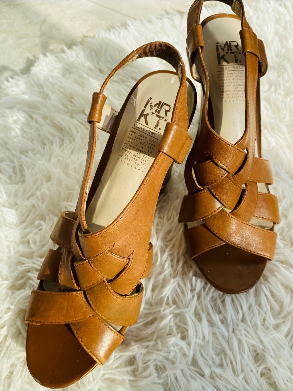 MRKT Market Clay Whiskey Leather Wedge Sandals Cognac Brown Size 9